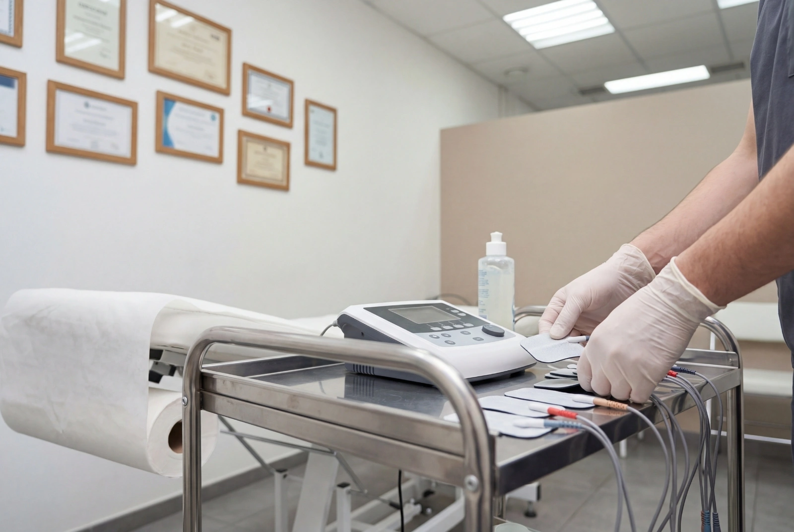 EMS device with electrode pads in a physical therapy clinic