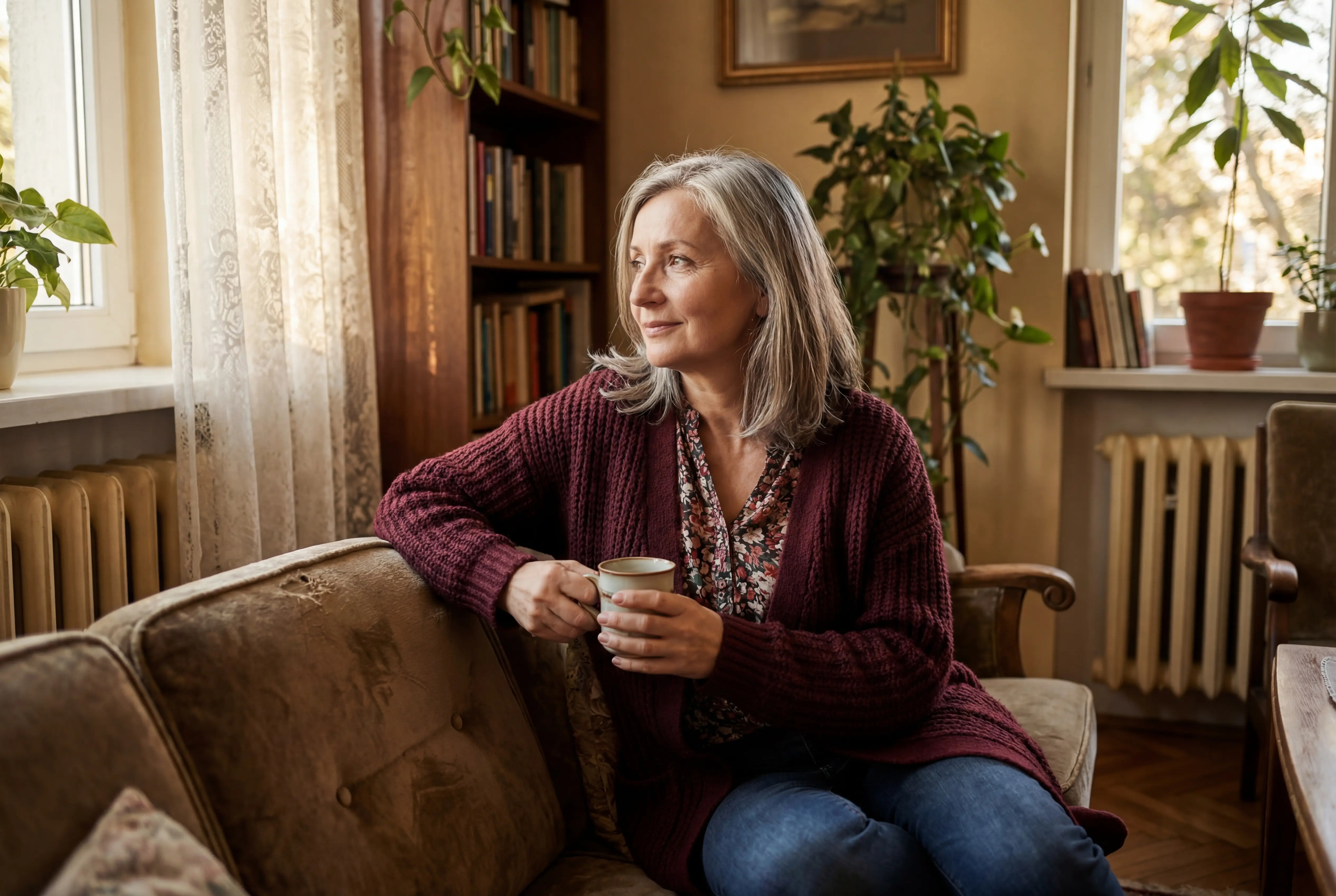 Woman relaxing at home with a cup of tea, peaceful and confident