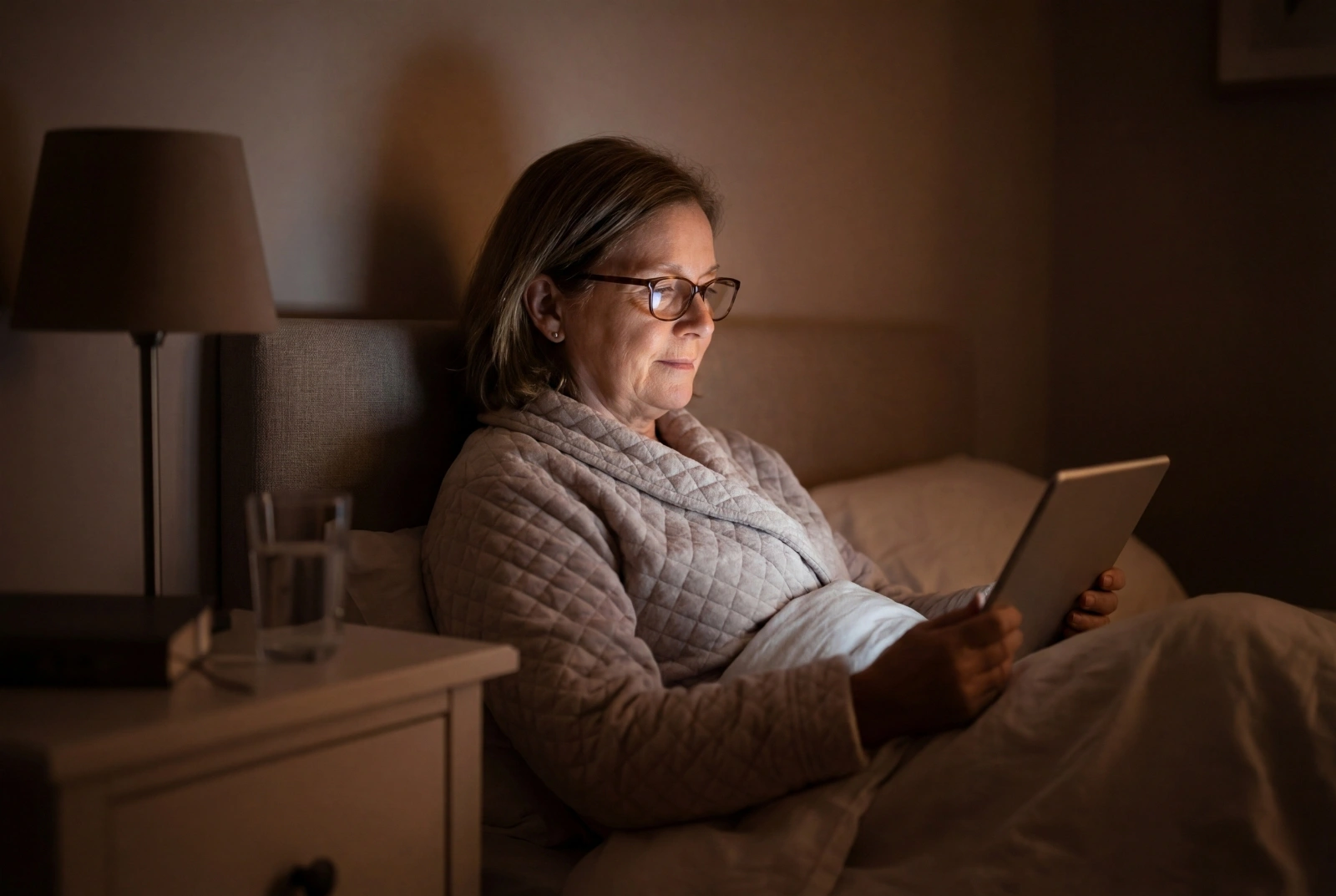 Woman reading on a tablet in bed in the evening