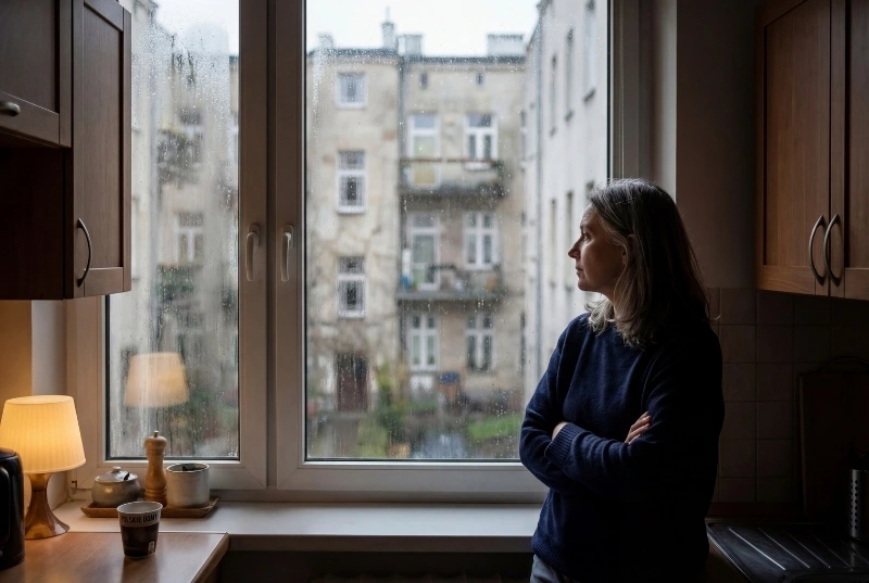 Woman gazing out a rain-streaked window, lost in thought